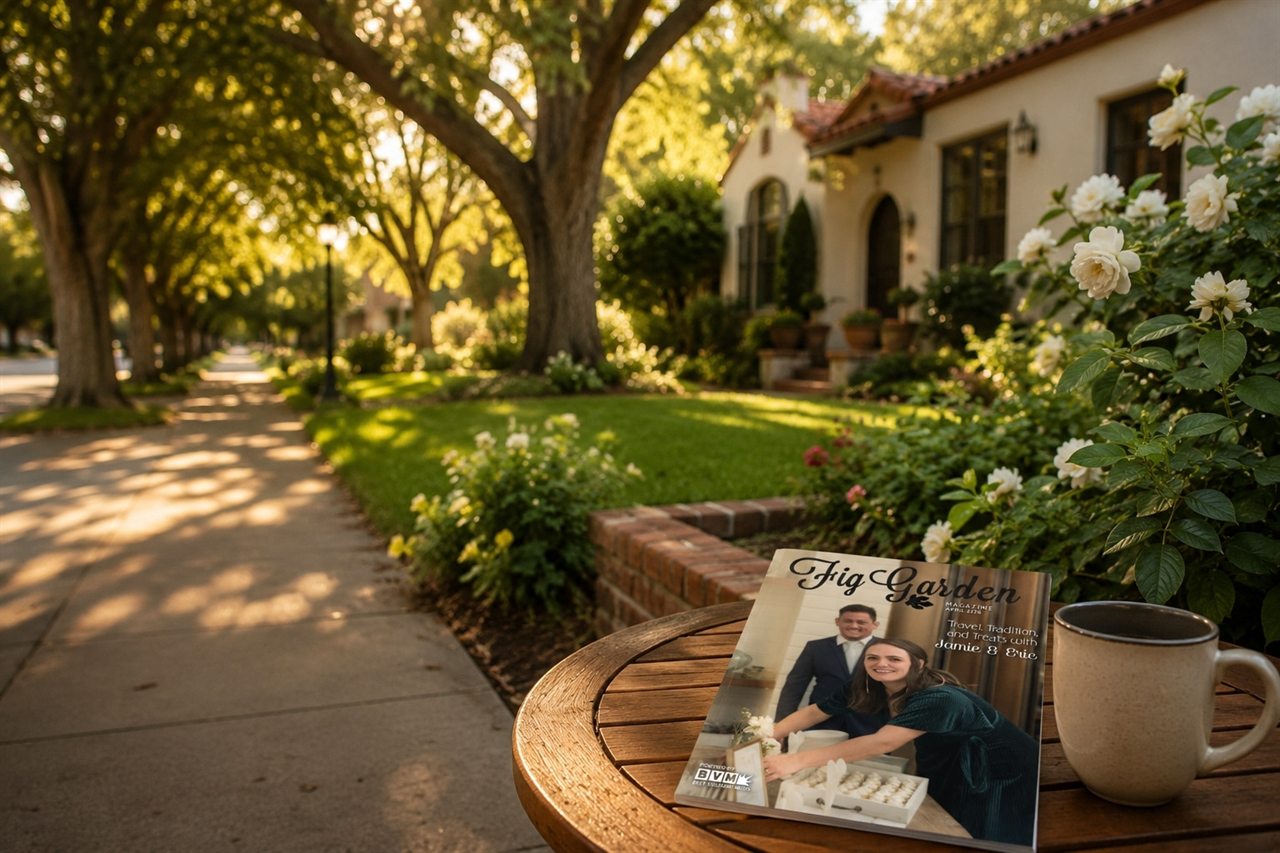 An issue of Fig Garden Magazine resting on a cafe table along a tree-lined Fig Garden street at golden hour