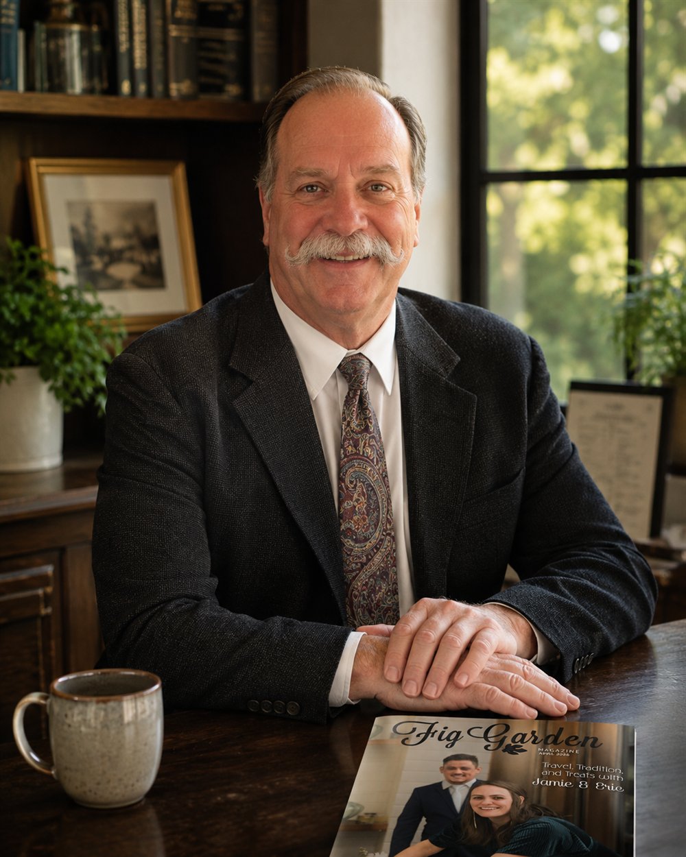 Ray Beauchamp, Publisher of Fig Garden Magazine and owner of Fig Garden Media, at his desk with an issue of the magazine