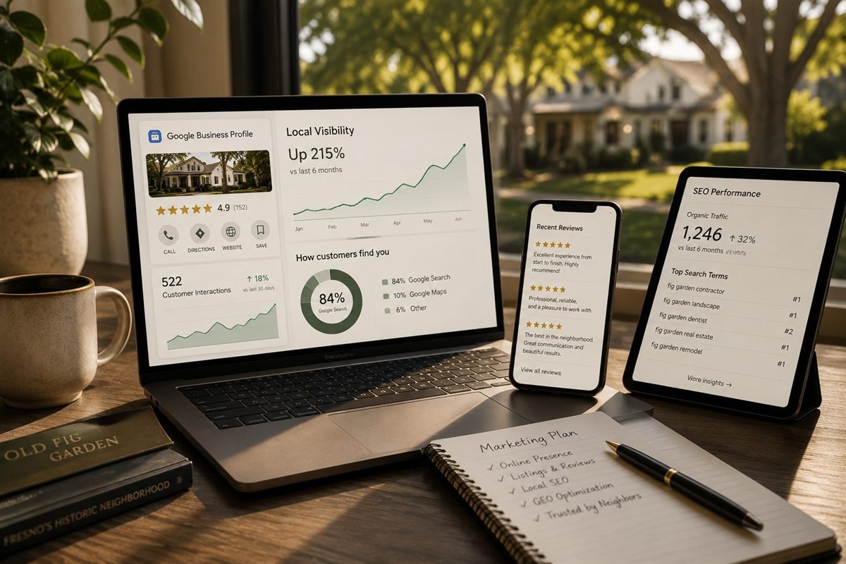 Local marketing dashboards showing a business profile, reviews, and search rankings across platforms for a Fig Garden business
