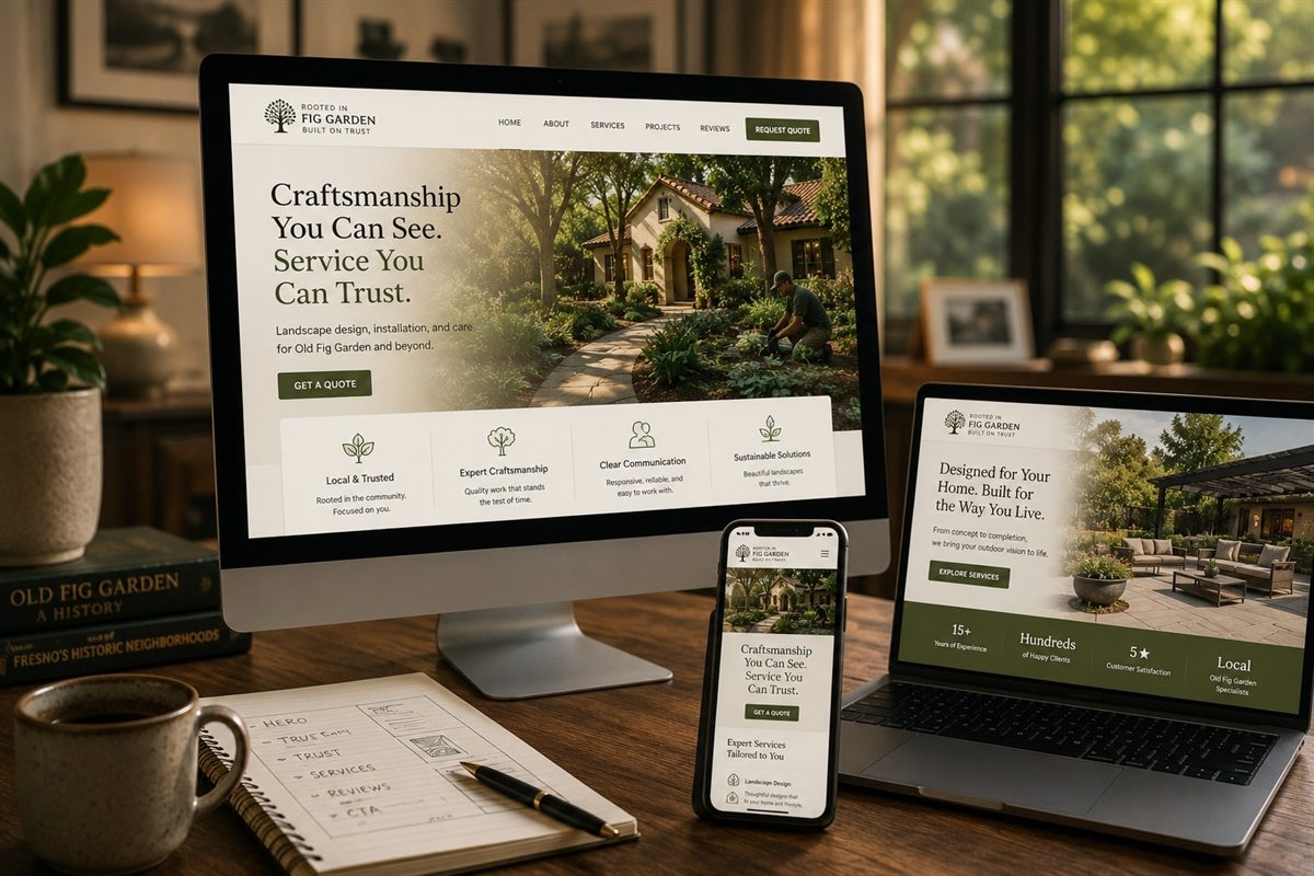 A conversion-focused local business website shown on a desktop, laptop, and phone, built by Fig Garden Media