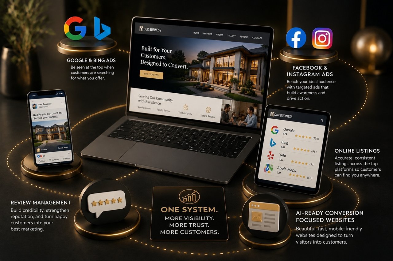 The connected marketing system Fig Garden Media runs for local businesses: search and social advertising, online listings, review management, and a conversion-focused website, working together